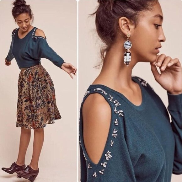 ✅ Host Pick ✅ Anthropologie Knitted & Knotted Bejeweled Sweater Teal Size SP - Picture 1 of 7